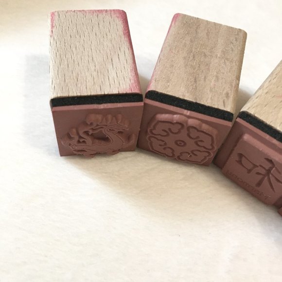 Vintage 90s Wooden Chinese Rubber Stamps + Inkpad + Box - Picture 6 of 15